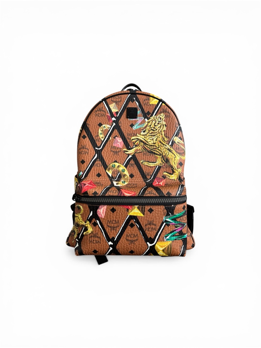 MCM Brown Monogram Lion Print Backpack with Multicolor Accents
